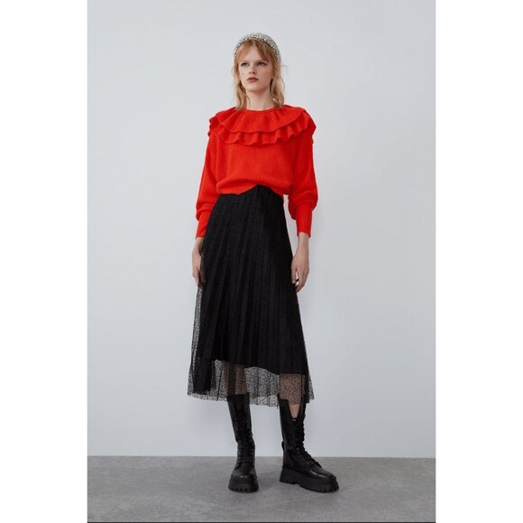 NWOT Zara black polka dot organza mesh overlay pleated skirt, L - Picture 2 of 7